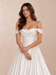 Off-the-Shoulder Satin Wedding Dress with Vine Embroidery