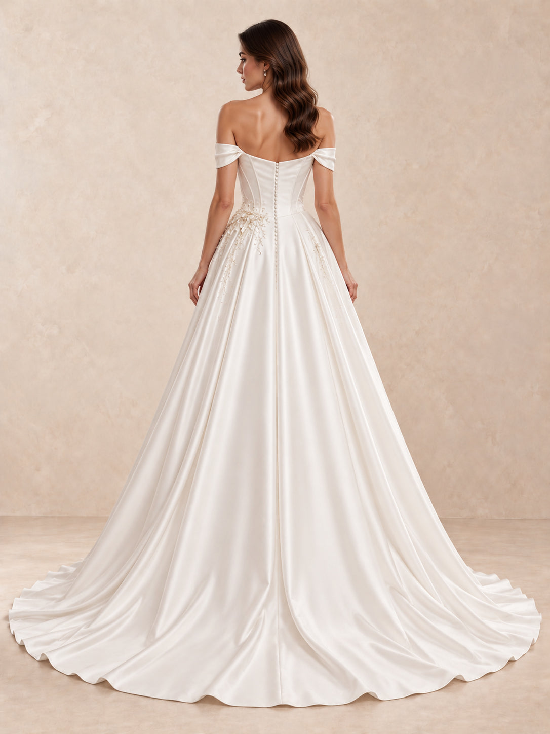 Off-the-Shoulder Satin Wedding Dress with Vine Embroidery