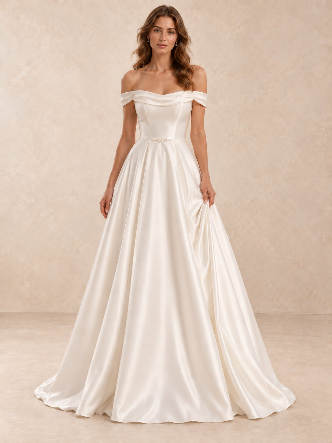 Off-the-Shoulder Short Sleeves Satin Wedding Dress with Pearl Detail