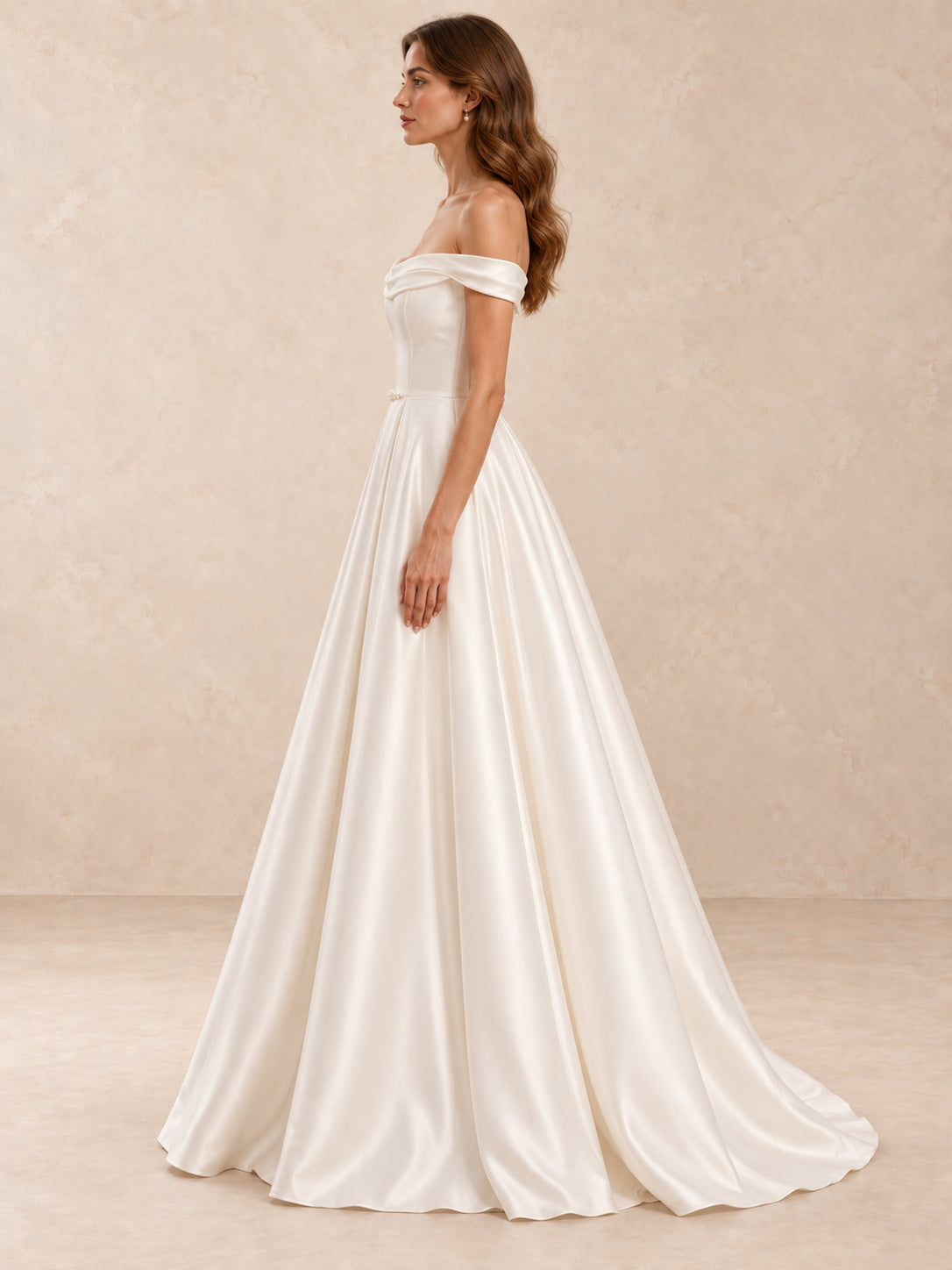 Off-the-Shoulder Short Sleeves Satin Wedding Dress with Pearl Detail