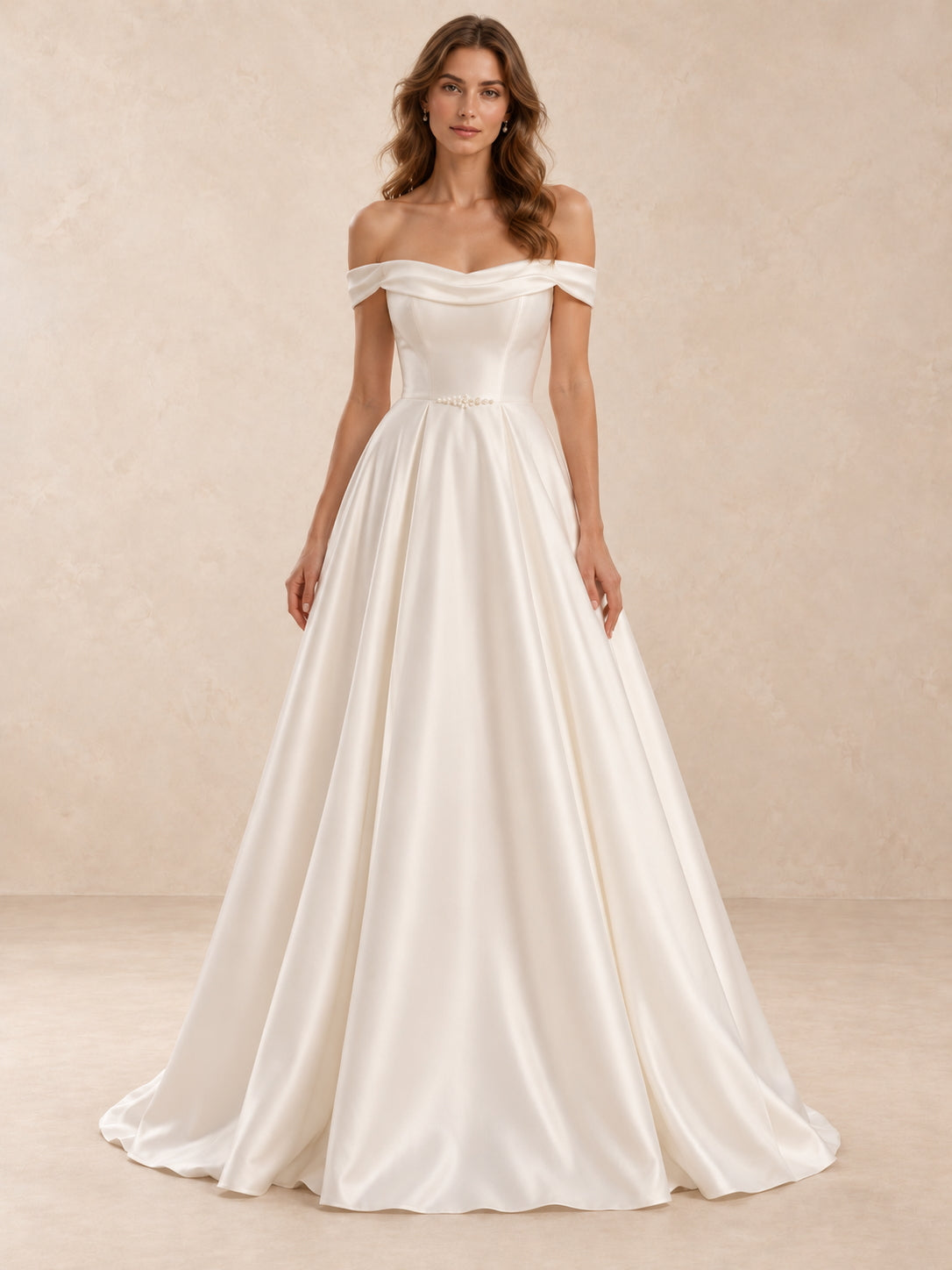 Off-the-Shoulder Short Sleeves Satin Wedding Dress with Pearl Detail