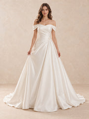 Off-the-Shoulder Mikado Satin Wedding Dress with Pearl Waist Accents