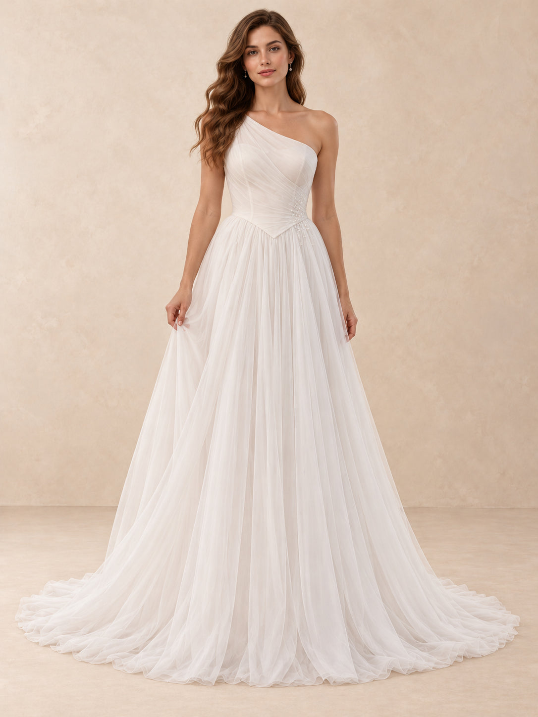 One-Shoulder Pearl-Accent Tulle Wedding Dress with Sweep Train