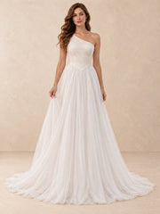 One-Shoulder Pearl-Accent Tulle Wedding Dress with Sweep Train