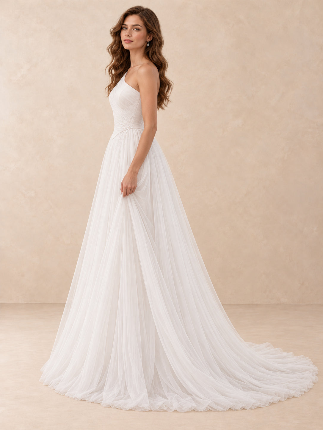 One-Shoulder Pearl-Accent Tulle Wedding Dress with Sweep Train