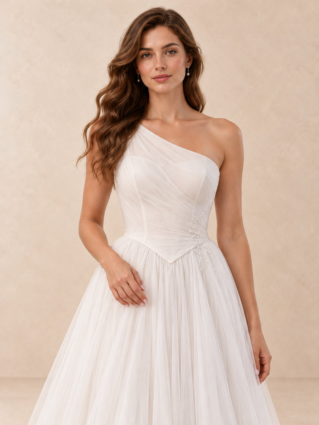 One-Shoulder Pearl-Accent Tulle Wedding Dress with Sweep Train