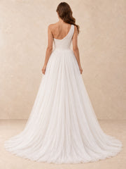 One-Shoulder Pearl-Accent Tulle Wedding Dress with Sweep Train