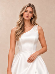 One-Shoulder Pearl-Detail Satin Sleeveless Mini Wedding Dress