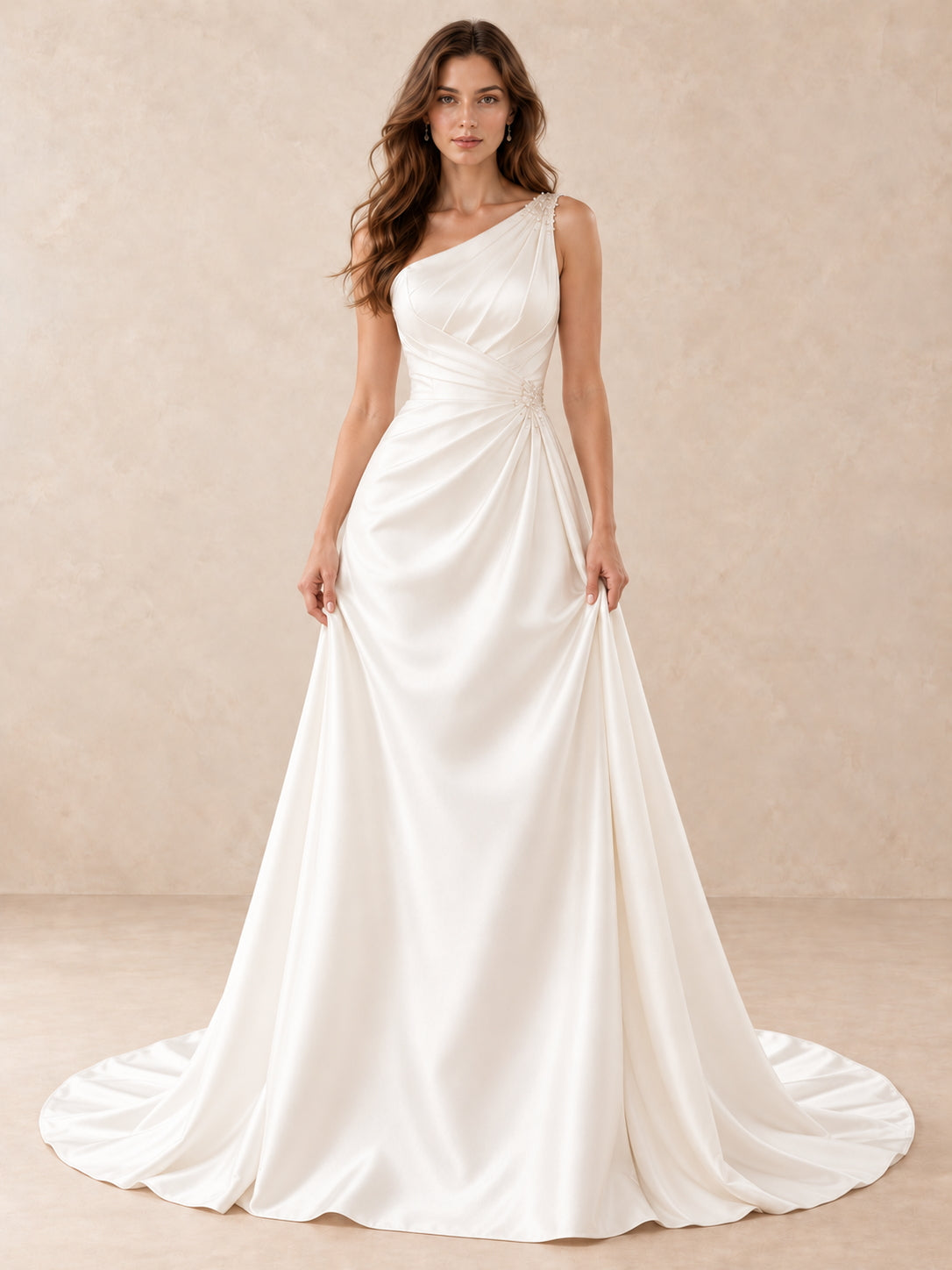 One-Shoulder Satin A-Line Wedding Dress with Crystal Accents