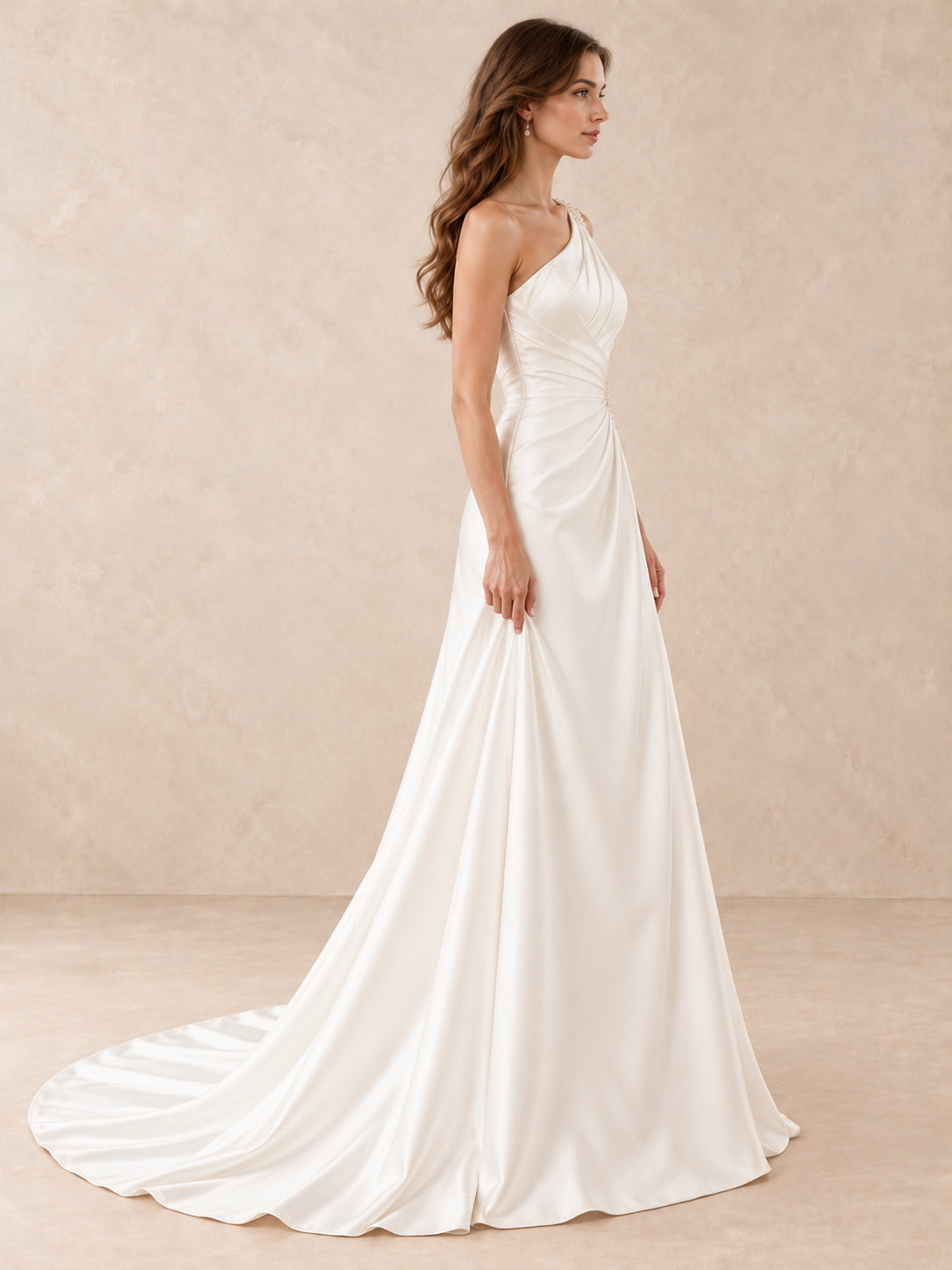 One-Shoulder Satin A-Line Wedding Dress with Crystal Accents