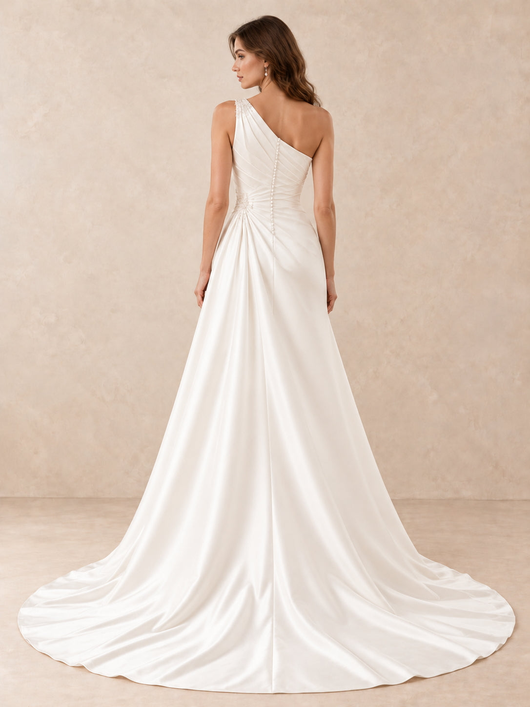 One-Shoulder Satin A-Line Wedding Dress with Crystal Accents