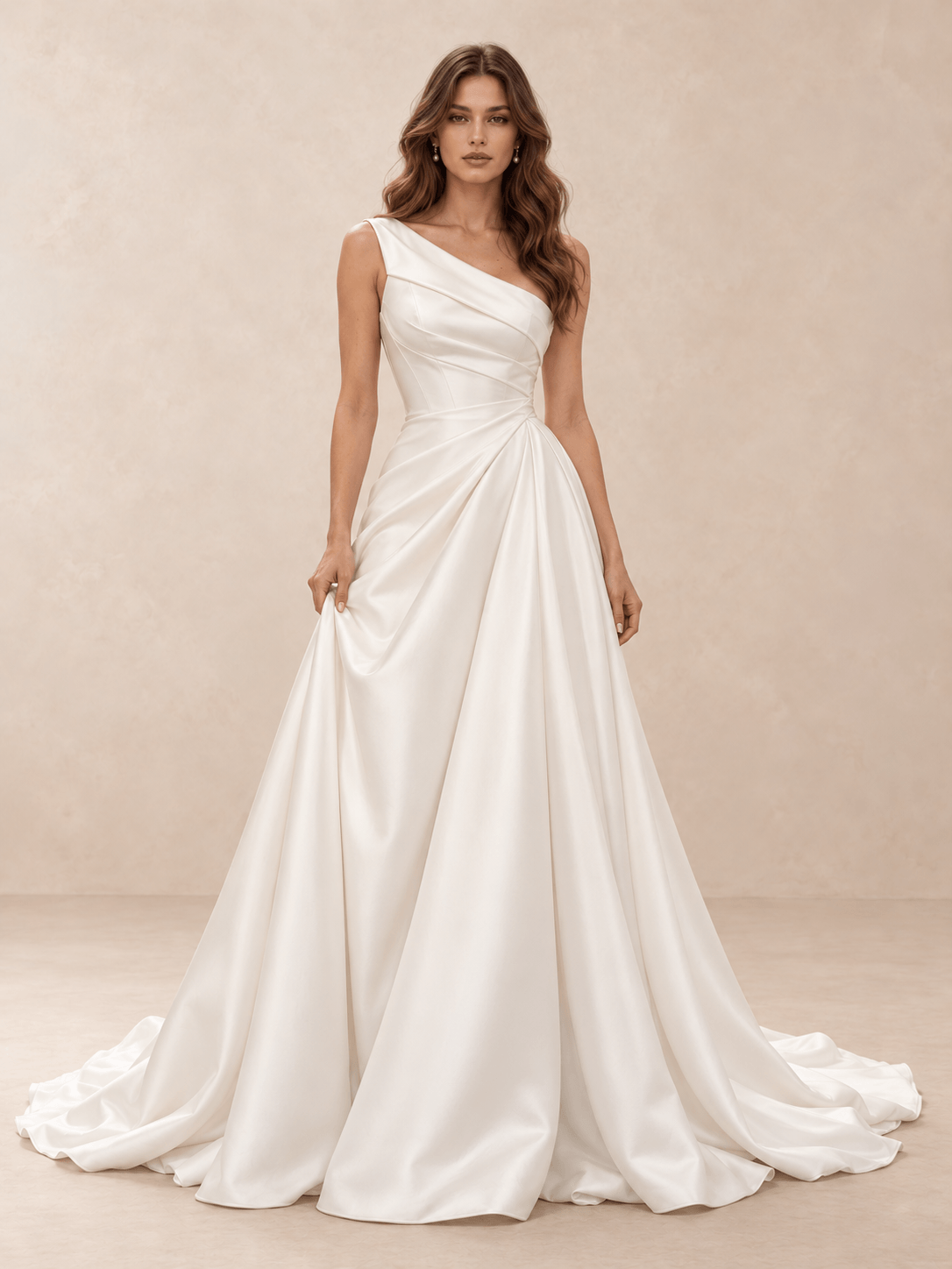 One-Shoulder Satin A-Line Wedding Dress with Draped Bodice and Train