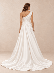 One-Shoulder Satin A-Line Wedding Dress with Draped Bodice and Train
