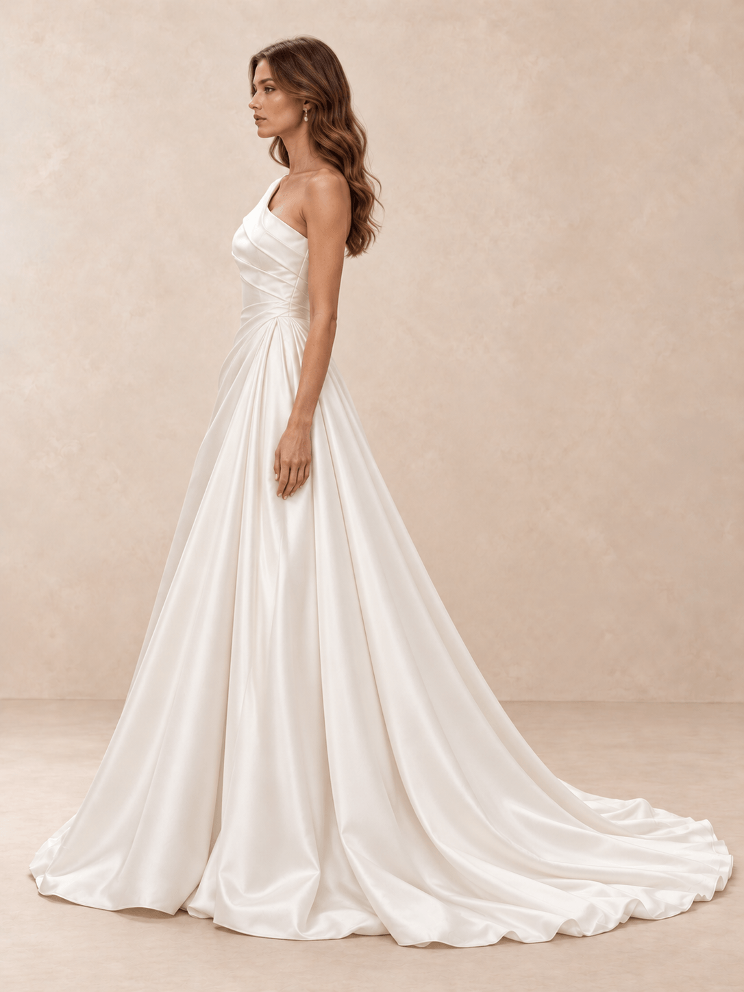 One-Shoulder Satin A-Line Wedding Dress with Draped Bodice and Train