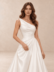 One-Shoulder Satin A-Line Wedding Dress with Draped Bodice and Train