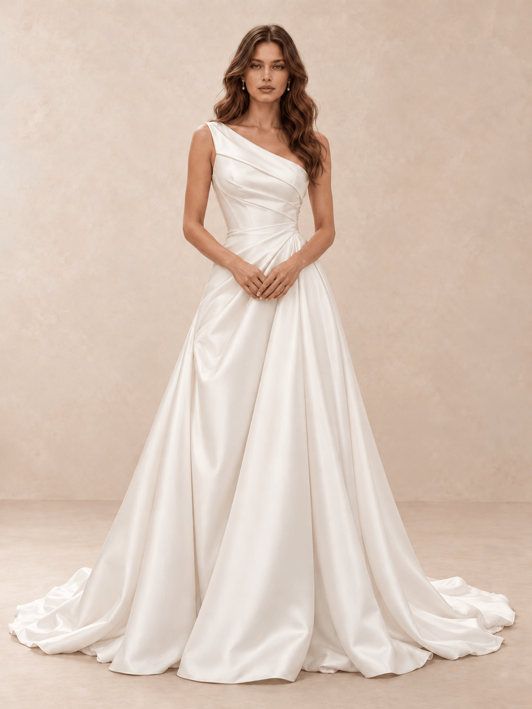 One-Shoulder Satin A-Line Wedding Dress with Draped Bodice and Train