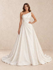 One-Shoulder Satin A-Line Wedding Dress with Pearl Accents