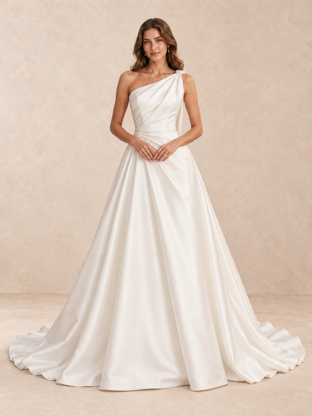 One-Shoulder Satin A-Line Wedding Dress with Pearl Accents