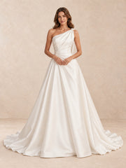 One-Shoulder Satin A-Line Wedding Dress with Pearl Accents
