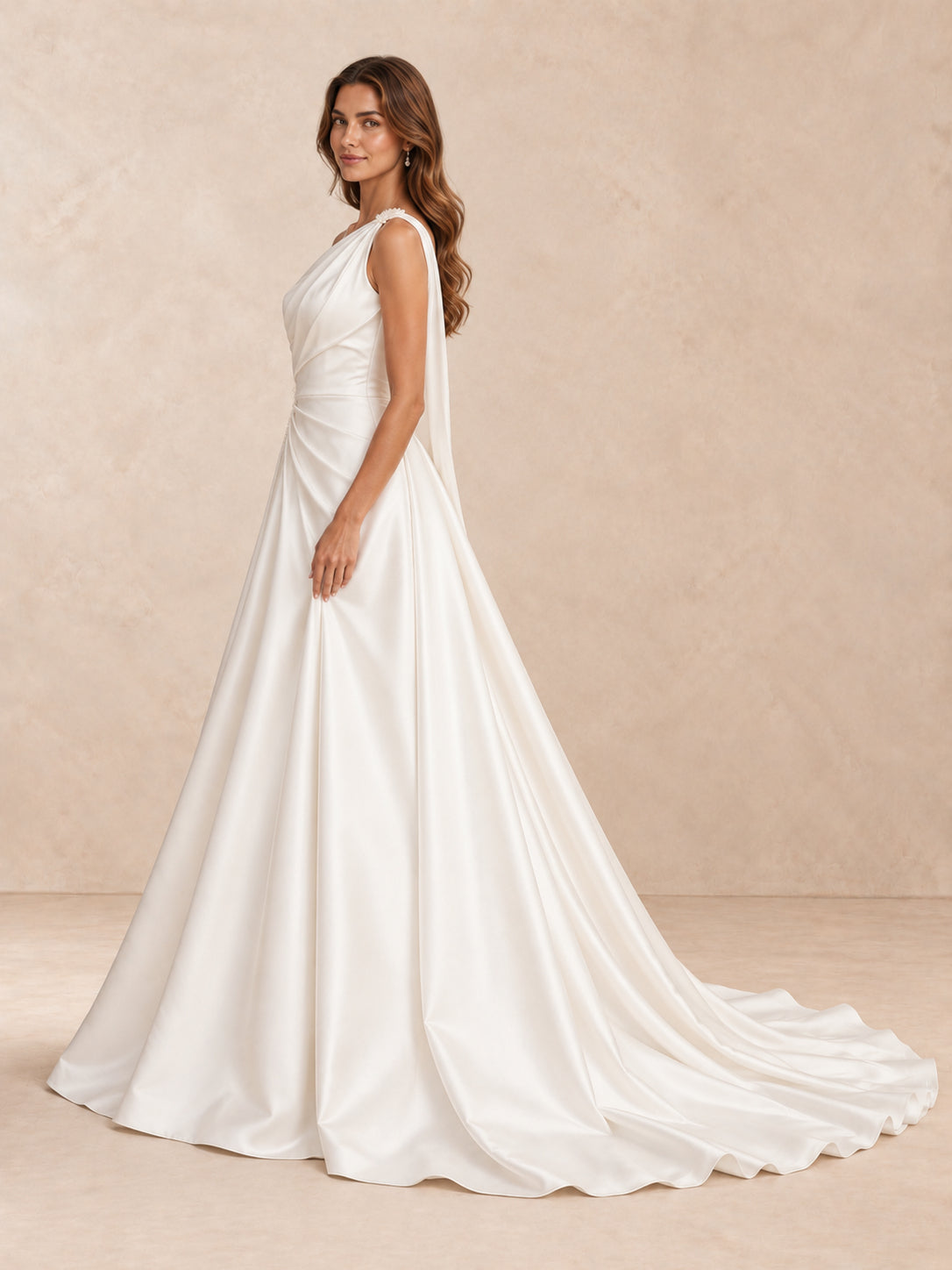 One-Shoulder Satin A-Line Wedding Dress with Pearl Accents