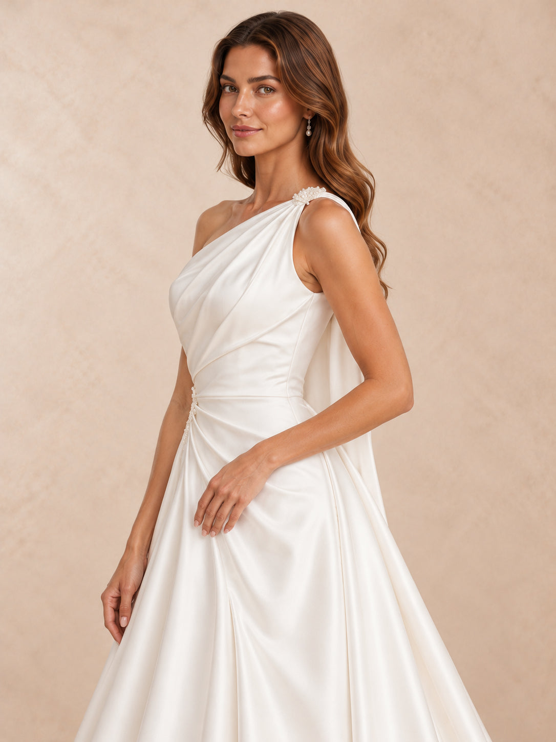 One-Shoulder Satin A-Line Wedding Dress with Pearl Accents
