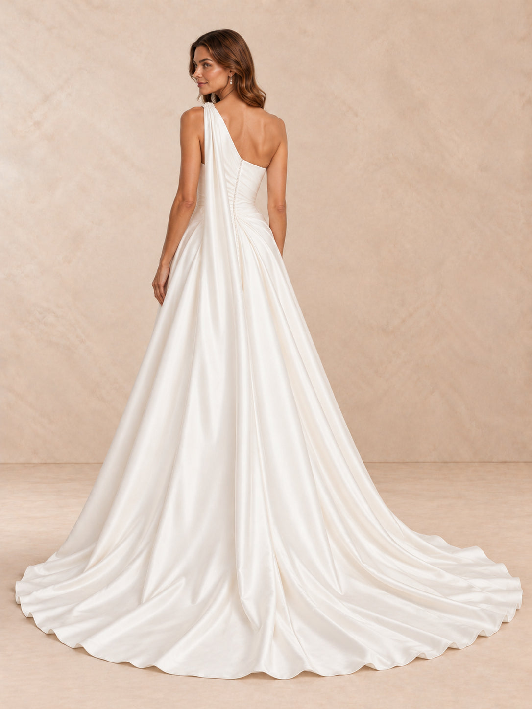 One-Shoulder Satin A-Line Wedding Dress with Pearl Accents