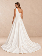 One-Shoulder Satin A-Line Wedding Dress with Pearl Accents