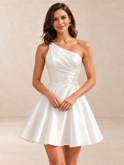 One-Shoulder Draped Satin Mini Wedding Dress with Pearl Waist Detail