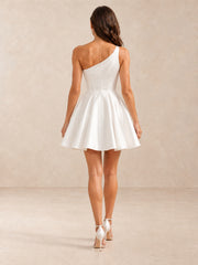 One-Shoulder Satin Above-knee Mini Wedding Dress with Pearl Accents