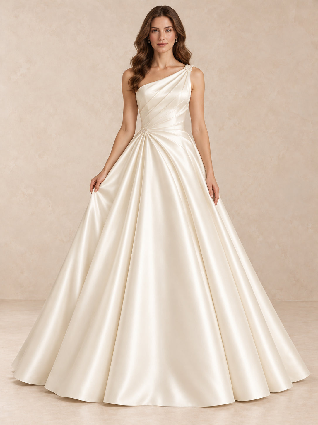 One-Shoulder Satin Ball Gown Wedding Dress with Pearl Accents