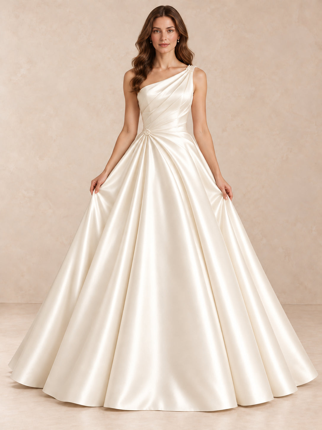 One-Shoulder Satin Ball Gown Wedding Dress with Pearl Accents