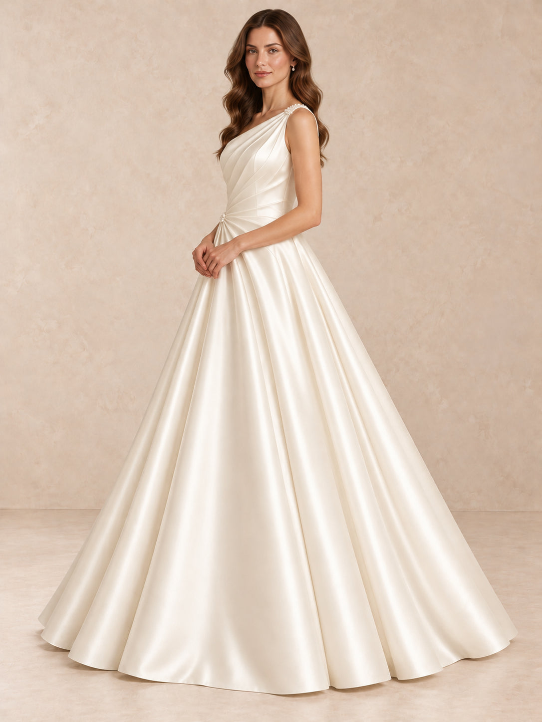 One-Shoulder Satin Ball Gown Wedding Dress with Pearl Accents