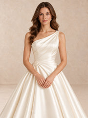 One-Shoulder Satin Ball Gown Wedding Dress with Pearl Accents