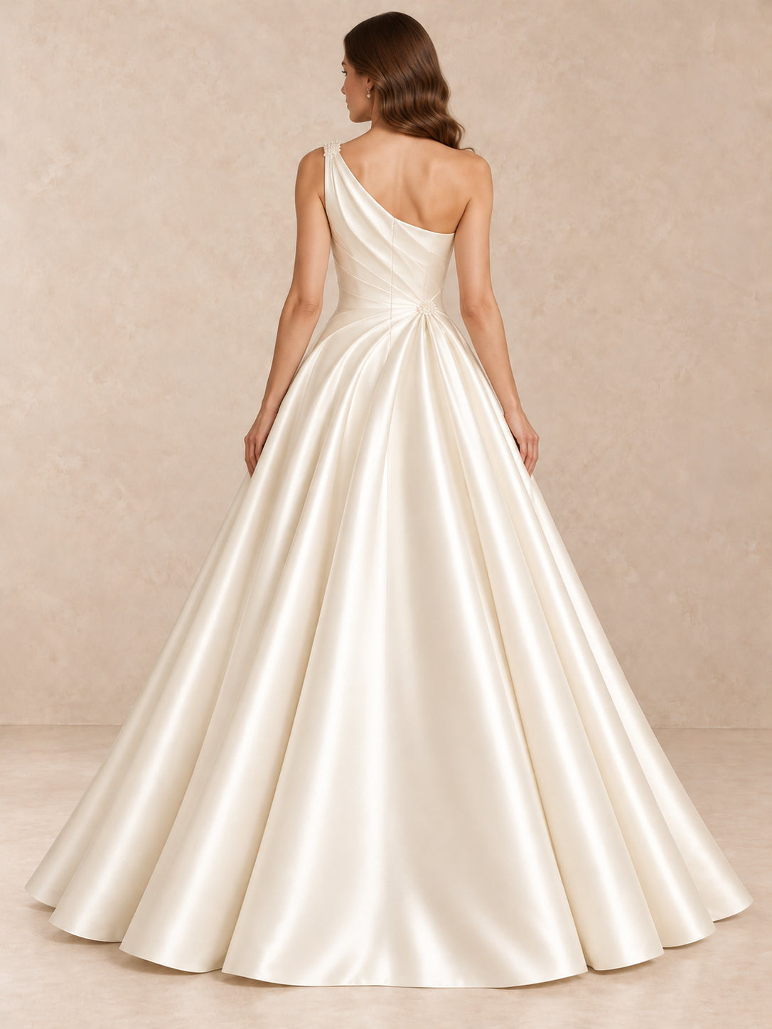 One-Shoulder Satin Ball Gown Wedding Dress with Pearl Accents