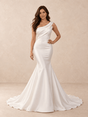 One-Shoulder Satin Mermaid Sleeveless Wedding Dress with Draped Bodice