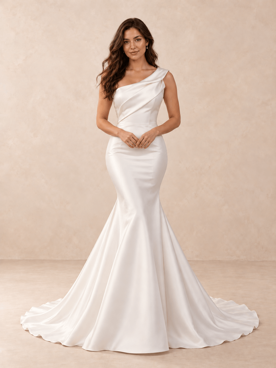 One-Shoulder Satin Mermaid Sleeveless Wedding Dress with Draped Bodice