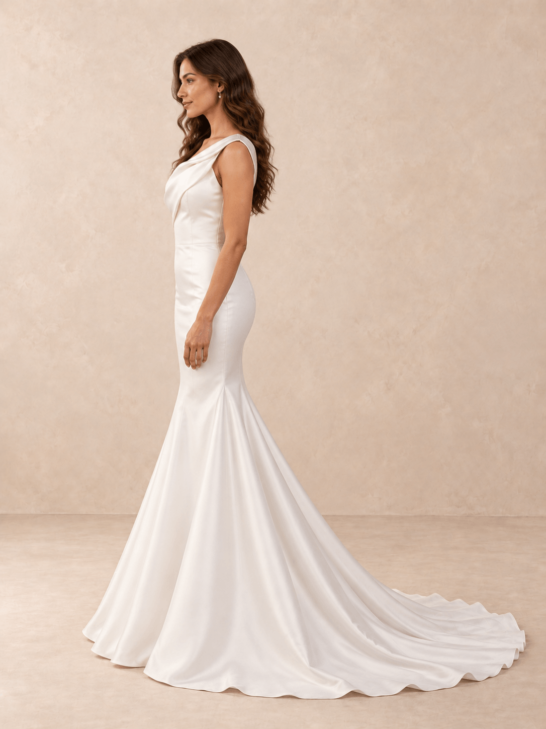One-Shoulder Satin Mermaid Sleeveless Wedding Dress with Draped Bodice