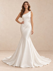 One-Shoulder Satin Sleeveless Mermaid Wedding Dress With Crystal Accents