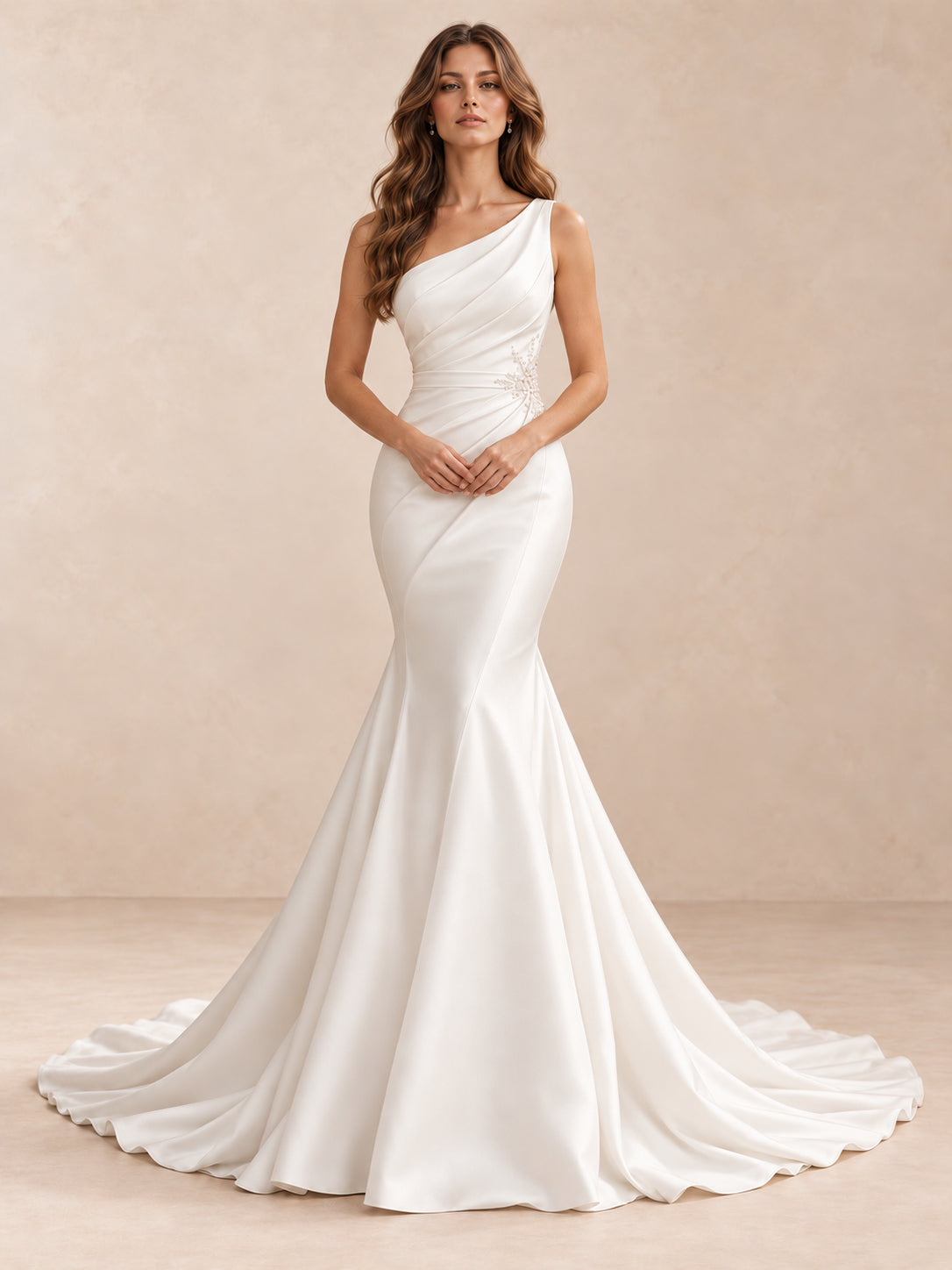 One-Shoulder Satin Sleeveless Mermaid Wedding Dress With Crystal Accents
