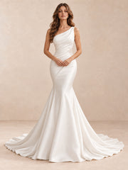 One-Shoulder Satin Sleeveless Mermaid Wedding Dress With Crystal Accents
