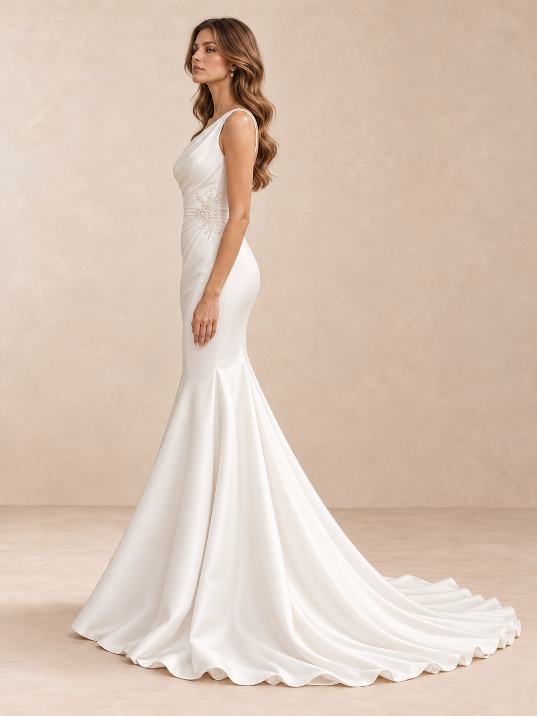 One-Shoulder Satin Sleeveless Mermaid Wedding Dress With Crystal Accents