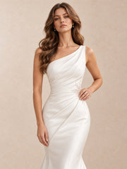 One-Shoulder Satin Sleeveless Mermaid Wedding Dress With Crystal Accents