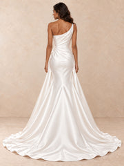 One-Shoulder Satin Mermaid Wedding Dress with Chapel Train