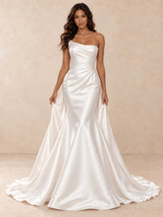 One-Shoulder Satin Mermaid Wedding Dress with Chapel Train