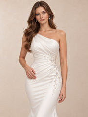 One-Shoulder Satin Mermaid Wedding Dress with Crystal Accents