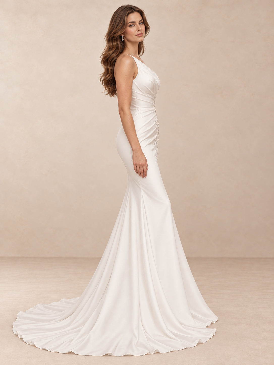 One-Shoulder Satin Mermaid Wedding Dress with Crystal Accents