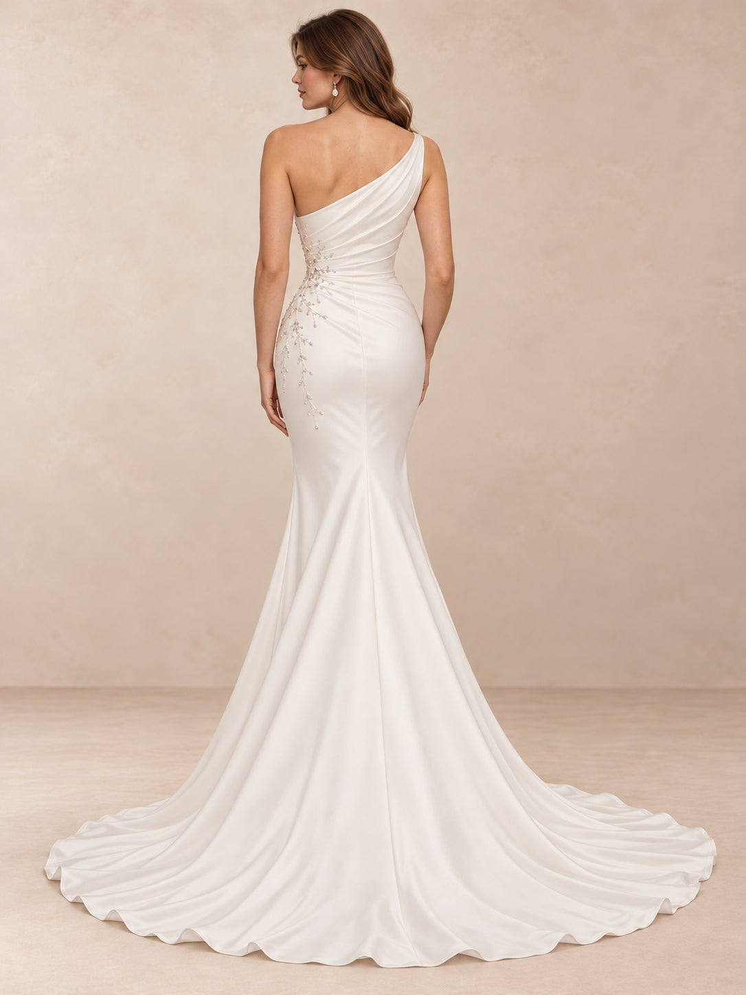 One-Shoulder Satin Mermaid Wedding Dress with Crystal Accents