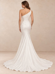 One-Shoulder Satin Mermaid Wedding Dress with Crystal Accents