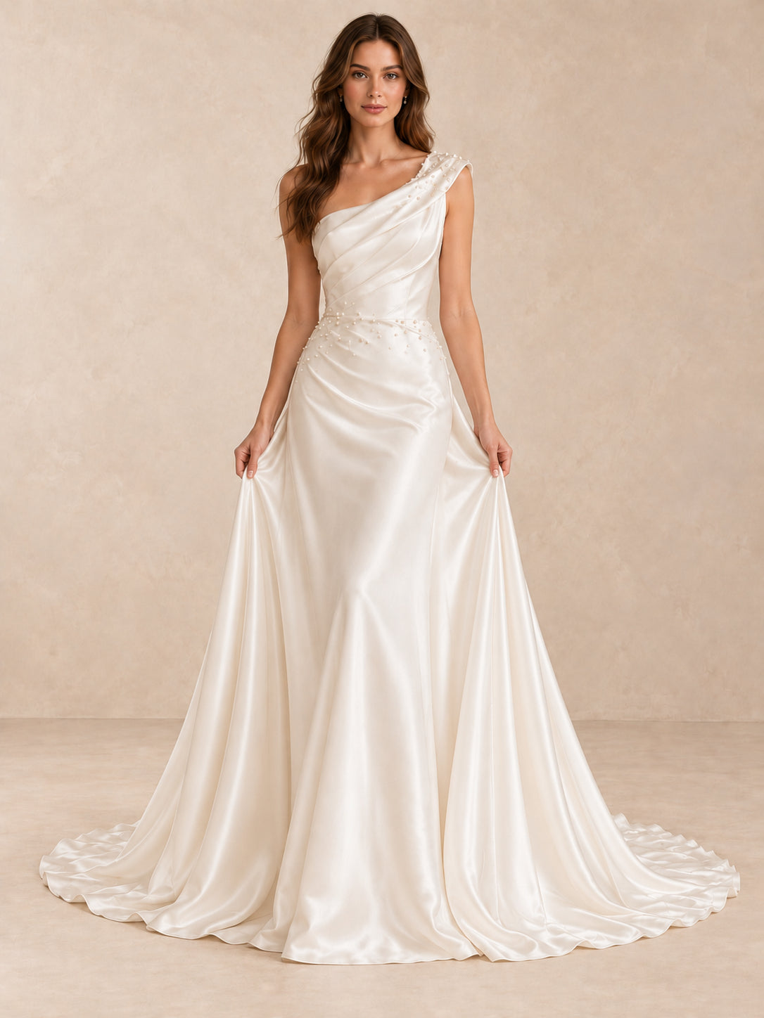 One-Shoulder Satin Mermaid Wedding Dress with Pearl Accents and Sweep Train