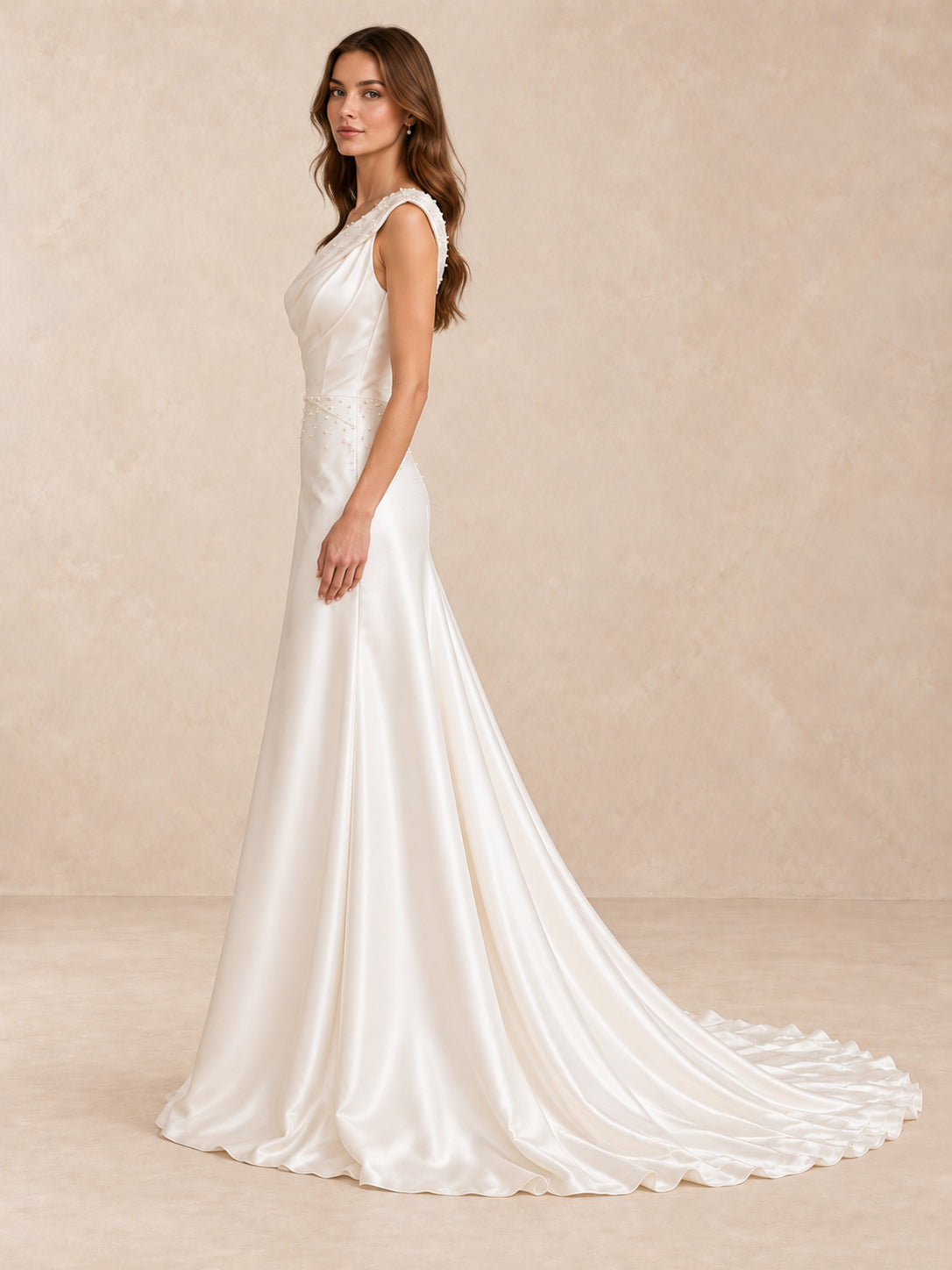 One-Shoulder Satin Mermaid Wedding Dress with Pearl Accents and Sweep Train